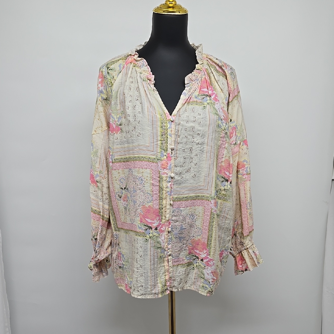 Anthropologie Grand And Green Floral Ruffle Blouse Pink And Cream Size Xl